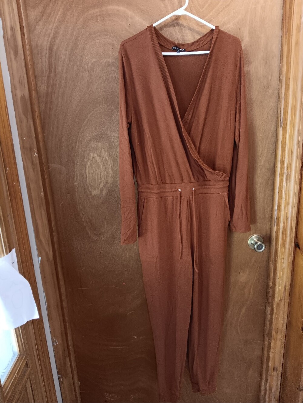 Fashion Nova Rust Brown Wrap-Front Long Sleeve Jumpsuit